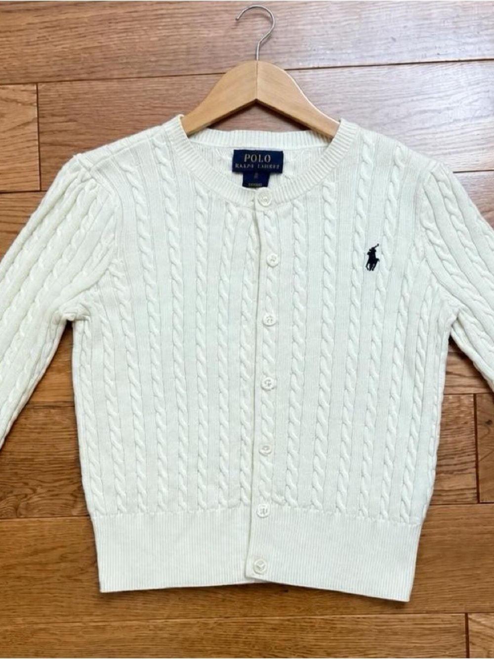 Polo Ralph Lauren Girls Cable Knit Cardigan Sweater Cream Ivory Size 6 Pony Logo
